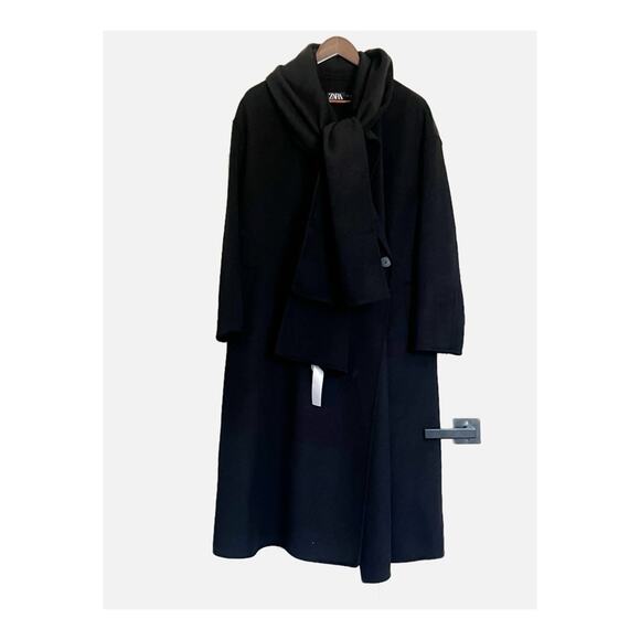 Zara Oversized Wool Blend Trench Coat Overcoat Double Breasted Scarf Black Small - Picture 5 of 10